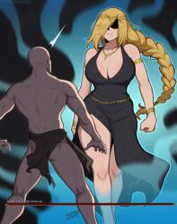 1boy 1girl afrobull bald bare_shoulders black_dress blonde_hair boss_fight bracelet braid breasts circlet curvy dress elden_ring gameplay_mechanics gold_circlet health_bar highres jewelry large_breasts long_hair mature_female queen_marika_the_eternal shaded_face tall_female very_long_hair