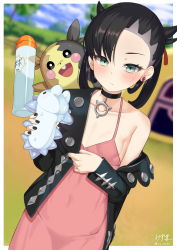 1girl :d asymmetrical_bangs black_choker black_eyes black_hair black_nails blurry blurry_background bottle breasts choker closed_mouth collarbone commentary_request day depth_of_field dress dutch_angle earrings fang gen_8_pokemon hair_ribbon holding holding_pokemon jewelry long_hair looking_at_viewer lube marnie_(pokemon) morpeko morpeko_(full) nail_polish nintendo off_shoulder open_mouth outdoors oz_ma33 pink_dress pokemon pokemon_(creature) pokemon_swsh red_ribbon ribbon signature single_bare_shoulder single_earring small_breasts smile snom tent twintails twitter_username upper_body