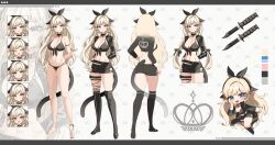 1girl absurdres animal_ears arm_behind_back bare_legs bare_shoulders barefoot bell belt bikini black_bikini black_boots black_choker black_shirt black_shorts black_thighhighs blonde_hair blue_eyes boots breasts cat_ears cat_girl cat_tail chibi choker cleavage closed_mouth collarbone color_guide commission crop_top framed_breasts from_behind front-tie_bikini_top front-tie_top full_body hair_ribbon high_collar highres hip_vent jingle_bell large_breasts long_hair long_sleeves looking_at_viewer midriff multi-strapped_bikini_bottom multiple_expressions multiple_views navel original ribbon sayan second-party_source shirt short_shorts shorts smile standing stomach strap_gap string_bikini swimsuit tail thigh_belt thigh_boots thigh_strap thighhighs thighs very_long_hair white_background zoom_layer