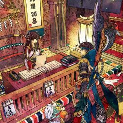 Rule 34 | 1boy, 1girl, animal, armored gloves, black gloves, black hair, blunt bangs, breasts, canyne, clothed animal, felyne, gloves, hair ornament, highres, hime cut, holding, holding paper, indoors, japanese clothes, long hair, medium breasts, minoto, monster hunter (character), monster hunter (series), monster hunter rise, nontraditional miko, paper, pointy ears, short hair, sidelocks, straight hair, toriga, weapon, weapon on back