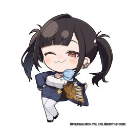 Rule 34 | 1girl, :3, black hair, black shoes, blue skirt, blunt bangs, blush, breasts, closed mouth, commentary, english commentary, goddess of victory: nikke, highres, id card, jewelry, large breasts, long hair, long sleeves, looking at viewer, mole, mole under eye, no nose, official art, one eye closed, open clothes, pencil skirt, red eyes, shirt, shoes, single hair intake, skirt, solo, sora (nikke), standing, standing on one leg, symbol-shaped pupils, thighhighs, totatokeke, twintails, white shirt, white thighhighs