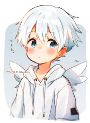 1boy artist_name blue_eyes blush child closed_mouth commentary_request cropped_torso dated dot_nose double-parted_bangs drawstring far_tarooo hair_between_eyes highres hood hood_down hoodie kuro_(far_tarooo) looking_to_the_side male_focus original short_hair sideways_glance solo translation_request white_hair white_hoodie white_theme white_wings wings