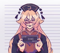 1girl barbie_(franchise) barbie_(live_action) barbie_mugshot_(meme) black_hat black_lips black_nails blonde_hair blood blood_on_face breasts character_name dress hat highres junko_(touhou) long_hair long_sleeves looking_at_viewer medium_breasts meme mugshot no_pupils red_dress red_eyes shygardeneel smile solo straight-on touhou very_long_hair