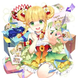 1girl album_cover birthday_cake blonde_hair box braid cake cover double_bun food frilled_skirt frills gift gift_box green_eyes green_skirt hair_bun off_shoulder painting_(object) red_ribbon ribbon salt_(salty) sapphire_emerald shirt skirt twin_braids twintails uchi_no_hime-sama_ga_ichiban_kawaii waist_ribbon white_shirt