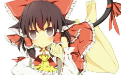 1girl animal_ears bad_id bad_pixiv_id bow brown_hair cat_ears cat_girl cat_tail detached_sleeves female_focus hair_bow hakurei_reimu highres japanese_clothes kemonomimi_mode miko pasutel ribbon simple_background solo tail touhou white_background