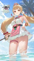 1girl absurdres alice_thymefield alice_thymefield_(sea_of_thyme) animal_ears bangboo_(zenless_zone_zero) blonde_hair blue_sky bracelet breasts choker cloud dress dress_swimsuit elmo_(st_elmomomo) highres holding holding_sword holding_weapon jewelry large_breasts long_hair miss_esme_(zenless_zone_zero) official_alternate_costume orange_eyes rabbit_ears rabbit_girl red_eyes sky solo sword thigh_strap twintails wading water wavy_hair weapon white_choker white_dress zenless_zone_zero