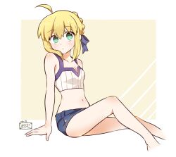 1girl ahoge alternate_costume arm_support artoria_pendragon_(fate) blonde_hair blue_bow bow braid braided_bun denim denim_shorts fate/stay_night fate_(series) green_eyes hair_bow hair_bun saber_(fate) shorts sidelocks solo tsuchiya_madose