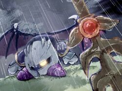 armor bat_wings broken_mask cloud cloudy_sky commentary dark_clouds defeat dutch_angle galaxia_(sword) gem gloves glowing glowing_eye grass highres kahonnta_(fnns3543) kirby_(series) mask meta_knight nintendo no_humans outdoors pauldrons planted planted_sword planted_weapon rain red_gemstone sabaton shoulder_armor signature sky solo sword weapon wet white_gloves wings yellow_eyes