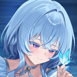 1girl blue_butterfly blue_hair blush bug butterfly butterfly_on_hand close-up closed_mouth colored_eyelashes commentary_request cropped hair_between_eyes hand_up insect long_hair looking_at_animal lunacle no_veil paid_reward_available partial_commentary portrait purple_eyes shorekeeper_(wuthering_waves) smile solo wuthering_waves