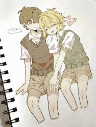 ... 2boys antenna_hair basil_(faraway)_(omori) basil_(omori) black_eyes black_hair black_sweater_vest blonde_hair brown_shorts closed_eyes closed_mouth collared_shirt heart holding_hands looking_at_another male_focus multiple_boys my_loleeta omori one_eye_closed open_mouth shirt short_hair short_sleeves shorts sitting smile speech_bubble spoken_ellipsis sunny_(omori) sweater_vest traditional_media white_shirt