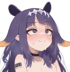1girl @_@ absurdres barcode barcode_tattoo black_eyes black_hair blush highres hololive hololive_english implied_nudity long_hair lucien_000298 ninomae_ina&#039;nis shoulder_tattoo solo sweat tattoo virtual_youtuber