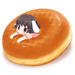 1girl :3 animal_ears arm_rest bebeneko black_hair blush commentary_request donut dress food in_food inaba_tewi looking_at_viewer mini_person minigirl pink_dress puffy_short_sleeves puffy_sleeves rabbit_ears red_eyes short_hair short_sleeves simple_background touhou upper_body white_background