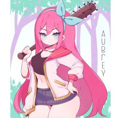 1girl aliceyawnin aqua_bow aqua_eyes aubrey_(faraway)_(omori) aubrey_(omori) baseball_bat black_tank_top blue_bow blue_eyes bow highres holding holding_baseball_bat holding_weapon jacket long_hair looking_at_viewer miniskirt nail nail_(hardware) nail_bat navel omori pink_hair skirt solo tank_top thighs tiara weapon