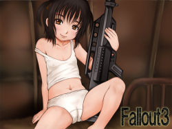 1girl anti-personnel_mine anti-personnel_weapon automatic_shotgun bad_id bad_pixiv_id bethesda blow-forward_firearm bomb brown_eyes brown_hair bullpup cameltoe camisole cylinder cylinder_(weapon) e10 explosive fallout fallout_3 female_focus flat_chest gas-seal_revolver gun lightning_holes lips loli midriff mine_(weapon) pancor_corporation pancor_jackhammer panties prototype_design revolver_shotgun short_hair shotgun smile solo spread_legs underwear weapon white_panties