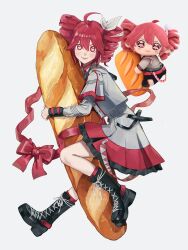 1girl absurdres ahoge belt black_belt black_boots black_sleeve_cuffs blush boots bow buttons closed_mouth drill_hair floating food from_side grey_background grey_jacket grey_skirt hair_between_eyes hair_bow hair_ribbon heart heart-shaped_pupils highres hugging_object jacket kasane_teto kasane_teto_(sv) kneehighs lace-up_boots layered_skirt layered_sleeves lips long_sleeves looking_at_viewer looking_to_the_side musical_staff musical_staff_print photo_inset platform_boots red_belt red_bow red_eyes red_hair red_ribbon red_skirt red_trim reference_inset ribbon shoelaces shoulder_belt shoulder_boards skirt skirt_set smile socks striped_clothes striped_jacket symbol-shaped_pupils synthesizer_v twin_drills ushiwaka utau white_bow white_ribbon
