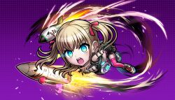 1girl blonde_hair blue_eyes breasts chibi chibi_only full_body highres iroha_tsuki looking_at_viewer medium_breasts missile non-web_source official_art pink_thighhighs purple_background shoes shouting sneakers solo teeth thighhighs tribe_nine two_side_up upper_teeth_only v-shaped_eyebrows white_shoes