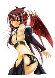 1girl ass bare_shoulders black_gloves black_thighhighs breasts brown_hair demon_girl demon_horns demon_wings detached_sleeves earrings elbow_gloves female_focus gloves highres horns jewelry lirshana long_hair looking_at_viewer maou_no_hajimekata moonsorrow simple_background single_thighhigh solo thighhighs white_background wings yellow_eyes