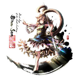 Rule 34 | 1girl, absurdres, armpits, artist logo, barefoot, breasts, brown eyes, brown fur, brown hair, calligraphy brush (medium), character name, circlet, closed mouth, detached sleeves, dress, english text, full body, highres, holding, link163353, logo, looking at viewer, low twintails, monkey tail, seal impression, shirt, simple background, single detached sleeve, skirt, smile, solo, son biten, tail, touhou, twintails, white background