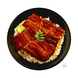 bowl donburi eel fish fish_(food) food food_focus garnish grilled_eel leaf meat no_humans original rice rice_bowl simple_background still_life studiolg unajuu_(food) vegetable white_background