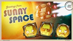 10s 2013 3boys character_request colored_skin copyright_name dated english_text eyeroll helmet highres kerbal_space_program male_focus multiple_boys postcard rocket rolling_eyes smile space space_helmet spacecraft star_(symbol) steam_(platform) sun sunglasses wavy_mouth yellow_skin