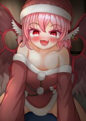 1girl all_fours breasts commentary_request downblouse dress fur-trimmed_dress fur-trimmed_headwear fur_trim hat highres kasoka_soka long_sleeves mystia_lorelei off-shoulder_dress off_shoulder pink_eyes pink_hair pov santa_hat small_breasts solo touhou wide_sleeves