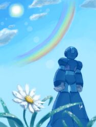 Rule 34 | 1boy, android, armor, back, blue armor, blue helmet, blue sky, clenched hands, flower, from behind, helmet, looking afar, mega man (series), mega man x (series), orange blossoms(megaman), rainbow, robot, robot ears, sky, solo, sun, x (mega man)