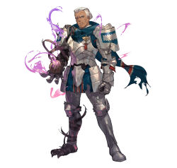 1boy absurdres armor blue_eyes dark-skinned_male dark_skin dedue_molinaro dedue_molinaro_(timeskip) dedue_molinaro_(timeskip)_(dauntless_beast) fire_emblem fire_emblem:_three_houses fire_emblem_heroes full_armor heterochromia highres male_focus nintendo official_art partial_transformation ponytail red_eyes scar silver_armor so-taro solo