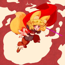 1girl absurdres animal_ear_fluff animal_ears blonde_hair blush bright_pupils brown_pants brown_shirt cape circlet cloud commentary_request cookie_(touhou) cosplay crop_top fingernails flying_nimbus fox_ears fox_girl fox_tail full_body grey_skirt highres holding holding_staff journey_to_the_west looking_at_viewer medium_hair miramikaru_riran muimui_(4242564muimui) open_mouth pants reaching reaching_towards_viewer red_background red_cape red_eyes red_nails shirt skirt solo staff sun_wukong sun_wukong_(cosplay) tail white_pupils