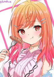 Rule 34 | 1girl, :t, breasts, brown hair, center frills, closed mouth, commentary request, eating, food, fork, frills, gradient hair, highres, holding, holding fork, hololive, hololive dev is, ichijou ririka, ichijou ririka (1st costume), kiritoma, long hair, looking at viewer, medium breasts, multicolored hair, nail polish, pink shirt, red eyes, red hair, red nails, sausage, shirt, signature, sleeveless, sleeveless shirt, solo, upper body, virtual youtuber, wavy mouth, white background