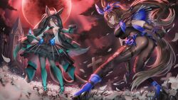 2girls agnes_tachyon_(umamusume) ahoge alternate_costume animal_ears ass beretta_92 black_dress black_gloves black_hair black_pantyhose black_shirt black_veil blue_boots blue_bow blue_capelet blue_skirt boots bottle bow brown_eyes brown_hair capelet closed_mouth commission dress ear_covers elbow_gloves field flower flower_field gloves green_pantyhose gun hair_bow handgun heterochromia high_heel_boots high_heels highres holding holding_bottle holding_gun holding_weapon horse_ears horse_girl horse_tail long_bangs low_ponytail manhattan_cafe_(umamusume) miniskirt moleshi multiple_girls pantyhose parted_lips pixiv_commission ponytail red_eyes red_sky shirt single_ear_cover skirt sky sleeveless sleeveless_dress sleeveless_shirt smile strapless strapless_shirt tail umamusume veil weapon white_flower yellow_eyes