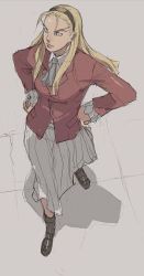 1990s_(style) 1girl blonde_hair dorothy_catalonia female_focus forked_eyebrows gundam gundam_wing hair_slicked_back hairband junny long_hair long_skirt pleated_skirt retro_artstyle school_uniform serafuku skirt solo white_skirt