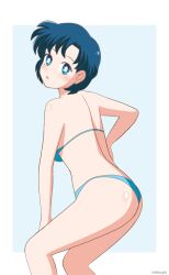 1girl :o animated animated_gif ass back bikini bishoujo_senshi_sailor_moon blue_bikini blue_eyes blue_hair bright_pupils dancing from_behind helltzujih looking_back median_furrow mizuno_ami short_hair solo swimsuit thighs white_pupils