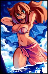 1girl aqua_eyes arms_behind_head bikini bikini_top_only black_border blue_sky blush border breasts cape cleavage cloud collarbone day green_eyes highres jewelry large_breasts long_hair looking_at_viewer mogy64 navel necklace ocean original sarong sky smile solo striped_bikini striped_clothes swimsuit water