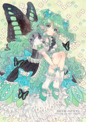 1girl blush bow bug butterfly butterfly_wings dress dress_bow fairy floral_background fold-over_collar frilled_dress frilled_socks frills green_eyes green_hair hisakata_(hisa_nn) insect insect_wings lace lace-trimmed_dress lace_trim lolita_fashion long_hair looking_at_viewer mixed_media open_mouth original pastel_colors pinafore_dress pointy_ears sleeveless sleeveless_dress socks solo sweet_lolita twintails very_long_hair wings