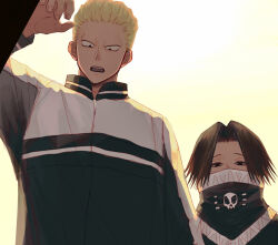 ._. 2boys aota_uno black_eyes black_hair commentary_request covered_mouth day feitan_portor from_below hair_pulled_back highres hunter_x_hunter jacket looking_at_viewer looking_down male_focus multiple_boys phinks_magcub short_hair