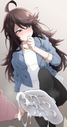 1girl absurdres ahoge black_pants blue_jacket blush brown_hair cum cum_on_body cum_on_feet denim denim_jacket foot_focus from_below green_eyes highres jacket jewelry leg_up long_hair looking_to_the_side necklace nel-c original paid_reward_available pants shirt socks solo variant_set white_shirt white_socks