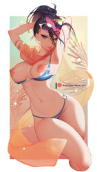 1girl armpits arms_behind_head bikini bikini_pull black_hair blue_eyes border breasts clothes_pull cropped_legs eyewear_on_head feet_out_of_frame fiora_(league_of_legends) gradient_background highres large_breasts league_of_legends looking_at_viewer multicolored_background multicolored_hair nanoless navel nipples o-ring o-ring_bikini orange_scarf palms parted_lips pink_hair ponytail scarf solo stomach striped_bikini striped_clothes sunglasses swimsuit white_border