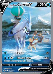 artist_name blue_sky calyrex calyrex_(rider) card_(medium) character_name cloud company_name copyright_name copyright_notice day deerling deerling_(winter) english_text gen_2_pokemon gen_3_pokemon gen_5_pokemon gen_6_pokemon gen_8_pokemon glastrier horse ice legendary_pokemon litleo mountain nintendo no_humans official_art okacheke open_mouth outdoors pokemon pokemon_(creature) pokemon_card pokemon_focus pokemon_tcg reins riding riding_pokemon sky smile spheal teddiursa third-party_source trading_card water