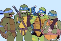 4boys absurdres blue_eyes colored_skin donatello_(tmnt) dual_persona frown grin highres mask multiple_boys natsz_(natszzzzz) ninja reptile_boy rise_of_the_teenage_mutant_ninja_turtles smile sword teenage_mutant_ninja_turtles teenage_mutant_ninja_turtles_(2003) teenage_mutant_ninja_turtles_(2012) teenage_mutant_ninja_turtles_(1987) teeth turtle turtle_boy weapon