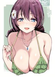 1girl bikini blue_eyes breasts cleavage collarbone dated emma_verde flower freckles frilled_bikini frills gengoroh green_bikini hair_flower hair_ornament jewelry large_breasts looking_at_viewer love_live! love_live!_nijigasaki_high_school_idol_club necklace open_mouth purple_hair ruffle_bikini smile solo swimsuit upper_body white_flower