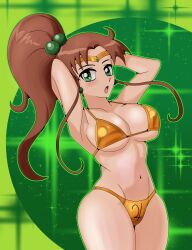 1girl armpits arms_behind_head bikini bishoujo_senshi_sailor_moon breasts brown_hair cleavage curvy gold_bikini green_eyes highres kino_makoto large_breasts legs long_hair navel open_mouth sailor_jupiter sideboob solo thick_thighs thighs underboob wide_hips