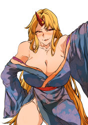 1girl blonde_hair blush breasts drunk highres horn hoshiguma_yuugi hoshiguma_yuugi_(kimono) large_breasts long_hair looking_at_viewer off_shoulder partially_undressed pinned pov red_eyes tagme touhou