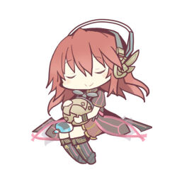 1girl automedic_alma black_dress chibi closed_eyes closed_mouth dress drone emil_chronicle_online headphones holding_drone homurabi mecha_musume red_hair sitting smile thighhighs white_background