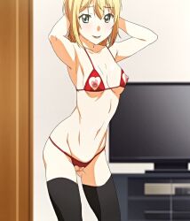 blonde_hair breasts censored female_focus green_eyes mary_(toshi_densetsu_series) nipples nude short_hair small_breasts thighhighs toshi_densetsu_series