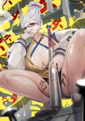 1girl absurdres ayase_seiko baseball_bat beehive_hairdo breasts cigarette dandadan earrings glasses highres holding holding_baseball_bat hoop_earrings jacket jewelry large_breasts long_hair mature_female semi-rimless_eyewear smoking sweater tall_hair teddypocky white_hair