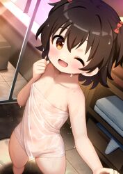 1girl adversarial_noise akagi_miria bow breasts brown_hair cedar_(cedar_japonica) commentary_request hair_bow idolmaster idolmaster_cinderella_girls indoors loli looking_at_viewer naked_towel navel one_eye_closed open_mouth paid_reward_available red_bow short_hair small_breasts solo towel two_side_up variant_set wet_towel