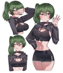 Rule 34 | :&gt;, :3, alternate costume, black shorts, black shrug, black sports bra, blush, breasts, commentary, contemporary, cropped legs, cropped torso, dolphin shorts, drawstring, english commentary, green hair, highres, hood, hood down, hooded shrug, large breasts, licking lips, long sleeves, looking at viewer, multiple views, navel, purple eyes, shorts, shrug (clothing), side ponytail, sousou no frieren, sports bra, ti keep, tongue, tongue out, ubel (sousou no frieren)