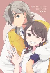 Rule 34 | 1boy, 1girl, ahoge, arm around shoulder, arven (pokemon), braid, brown eyes, brown hair, closed mouth, collared shirt, commentary request, dated, eyelashes, green eyes, grin, hair over one eye, hand up, heart, highres, juliana (pokemon), long hair, necktie, nintendo, one eye closed, pokemon, pokemon sv, shinogo no, shirt, smile, teeth, upper body, vest, white shirt, yellow vest