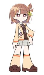 1girl absurdres bokuhakiyoshi breasts brown_hair brown_necktie brown_shoes brown_sweater_vest closed_mouth collared_shirt commentary grey_skirt hair_rings hand_on_own_hip highres jacket loafers looking_at_viewer medium_hair miniskirt necktie open_clothes open_jacket orange_hair panty_&amp;_stocking_with_garterbelt parody plaid_clothes plaid_skirt pleated_skirt sendo_yuuhi sendo_yuuhi_(1st_costume) shirt shoes simple_background single_hair_ring skirt small_breasts smile socks solo standing style_parody sweater_vest virtual_youtuber vspo! white_background white_shirt yellow_jacket yellow_socks