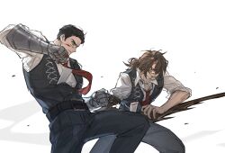 2boys arm_hair arthropod_limbs belt black_eyes black_hair black_vest blood blood_on_face blood_on_hands bloody_weapon brown_hair cigarette clenched_teeth collared_shirt cowboy_shot gauntlets glasses gregor_(project_moon) hair_over_one_eye hair_slicked_back hand_on_own_arm highres id_card imminent_attack kkolo432271 knee_up lcb_uniform_(project_moon) limbus_company line_of_action low_ponytail male_focus meursault_(project_moon) multiple_boys narrowed_eyes necktie ponytail project_moon punching red_necktie serious shirt sleeves_rolled_up teeth vest weapon white_background white_shirt